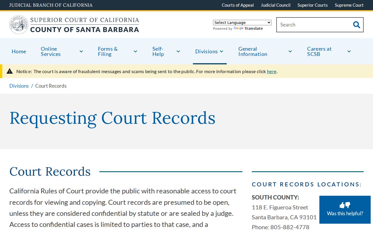 Santa Maria public records court copy request and terminal information