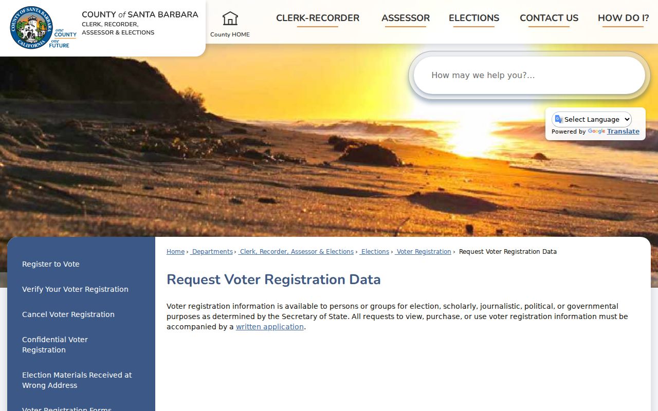 Santa Maria voter registration data request page from Santa Barbara County